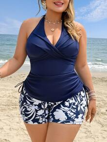 Swim Lushoire 2026 New Summer Vacation Floral Plus Size Tank Bikini Vacation Navy Blue - Navy Blue - View 5
