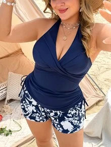 Swim Lushoire 2026 New Summer Vacation Floral Plus Size Tank Bikini Vacation Navy Blue - Navy Blue - View 3