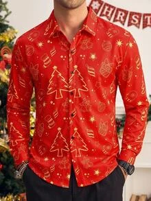 Manfinity RebelGame 長袖梭織紅色聖誕襯衫，加厚情侶套裝，2026年秋冬 [不含嬰兒與兒童] 萬聖節 聖誕節 冬季 派對 秋季 - 紅色 - 查看 2