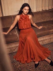 Anewsta Affair Anewsta Spring/Summer New Holiday Party Sleeveless Detachable Floral Decor Cinched Waist Ruffle Hem Maxi Dress, Plus Size - Coral Orange - View 4