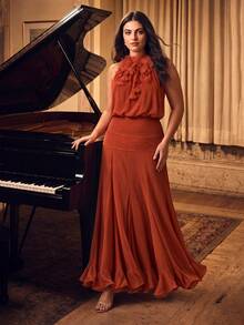 Anewsta Affair Anewsta Spring/Summer New Holiday Party Sleeveless Detachable Floral Decor Cinched Waist Ruffle Hem Maxi Dress, Plus Size - Coral Orange - View 5
