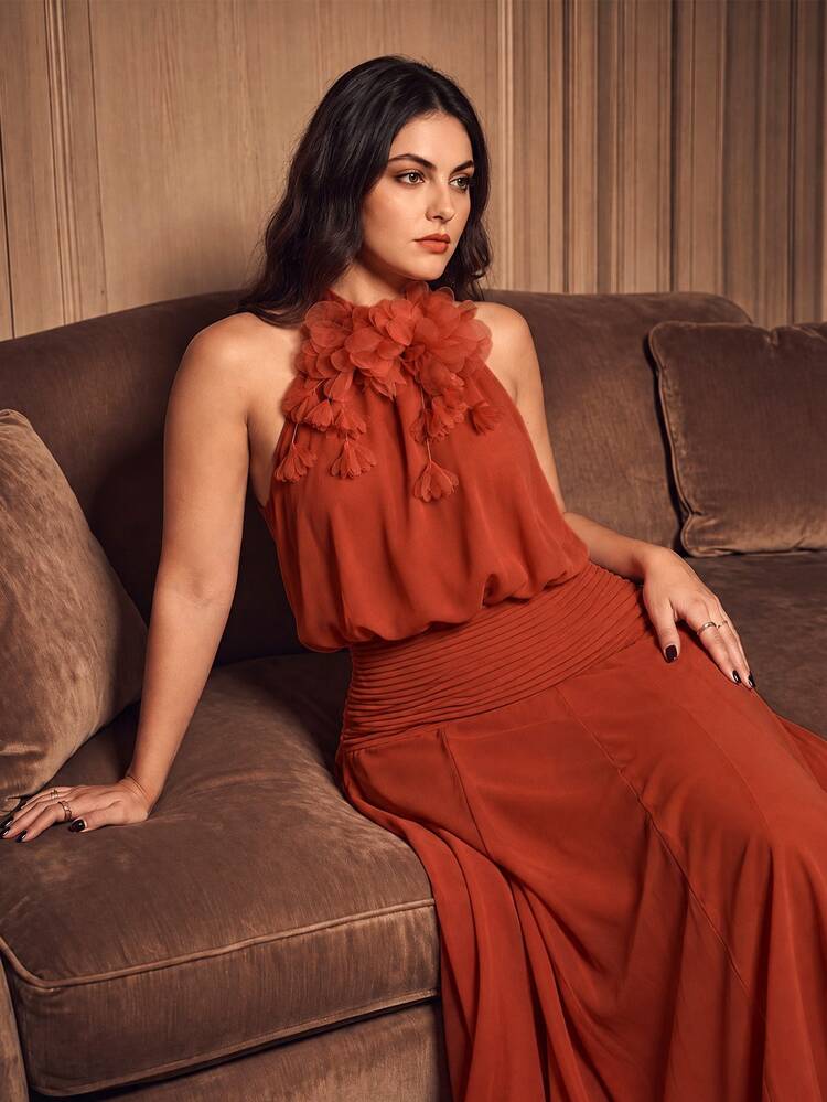 Anewsta Affair Anewsta Spring/Summer New Holiday Party Sleeveless Detachable Floral Decor Cinched Waist Ruffle Hem Maxi Dress, Plus Size - Coral Orange - View 6