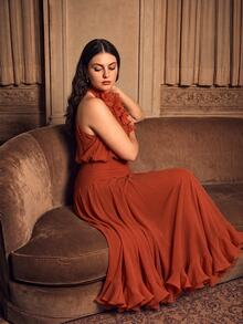 Anewsta Affair Anewsta Spring/Summer New Holiday Party Sleeveless Detachable Floral Decor Cinched Waist Ruffle Hem Maxi Dress, Plus Size - Coral Orange - View 3
