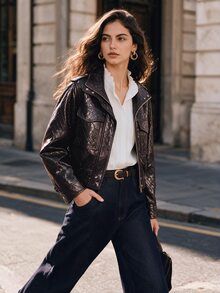 Anewsta Women's Premium Quilted Glossy Motorcycle Jacket, Autumn/Winter Everyday Travel Dark Brown Retro Elegant Intrecciato Leather - Coffee Brown - View 6