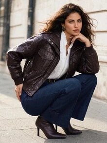 Anewsta Women's Premium Quilted Glossy Motorcycle Jacket, Autumn/Winter Everyday Travel Dark Brown Retro Elegant Intrecciato Leather - Coffee Brown - View 1