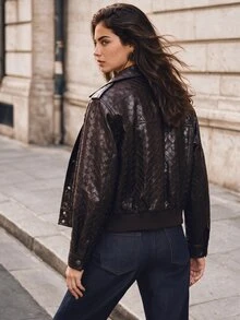 Anewsta Women's Premium Quilted Glossy Motorcycle Jacket, Autumn/Winter Everyday Travel Dark Brown Retro Elegant Intrecciato Leather - Coffee Brown - View 2
