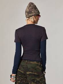 COUREZ Double Layer Stripe T-Shirt /Y2K Going Out Tops Fall CLothes For Women Autumn Outfits Women Fall Clothes Winter Tops - Multicolor - View 3