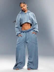 Washed Wide Leg Sweatpants With Raw Waistband And Denimoi Patch Verbiage Streetwear Lounge Cool - Blue - View 3