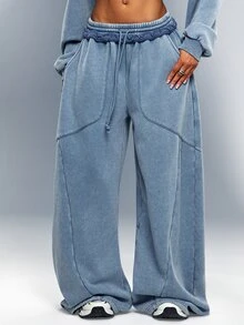 Washed Wide Leg Sweatpants With Raw Waistband And Denimoi Patch Verbiage Streetwear Lounge Cool - Blue - View 2