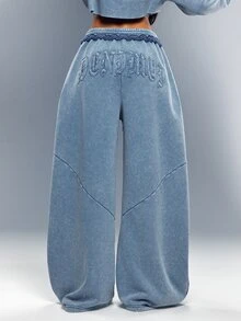 Washed Wide Leg Sweatpants With Raw Waistband And Denimoi Patch Verbiage Streetwear Lounge Cool - Blue - View 1