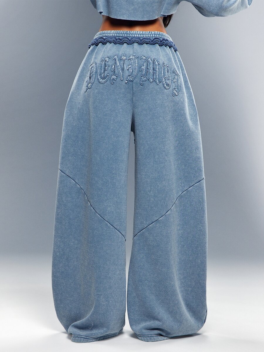 Washed Wide Leg Sweatpants With Raw Waistband And Denimoi Patch Verbiage Streetwear Lounge Cool - Blue - View 1