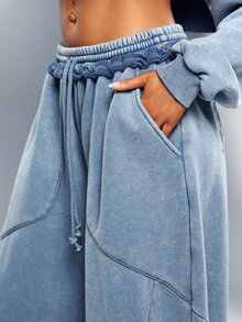 Washed Wide Leg Sweatpants With Raw Waistband And Denimoi Patch Verbiage Streetwear Lounge Cool - Blue - View 4