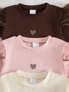 SHEIN 3件組女童秋季底層上衣，刺繡愛心長袖套裝，嬰兒粉色仙女牛仔女孩風，適合嬰兒洗禮、海灘、1歲生日，白色 - 彩色 - 查看 8