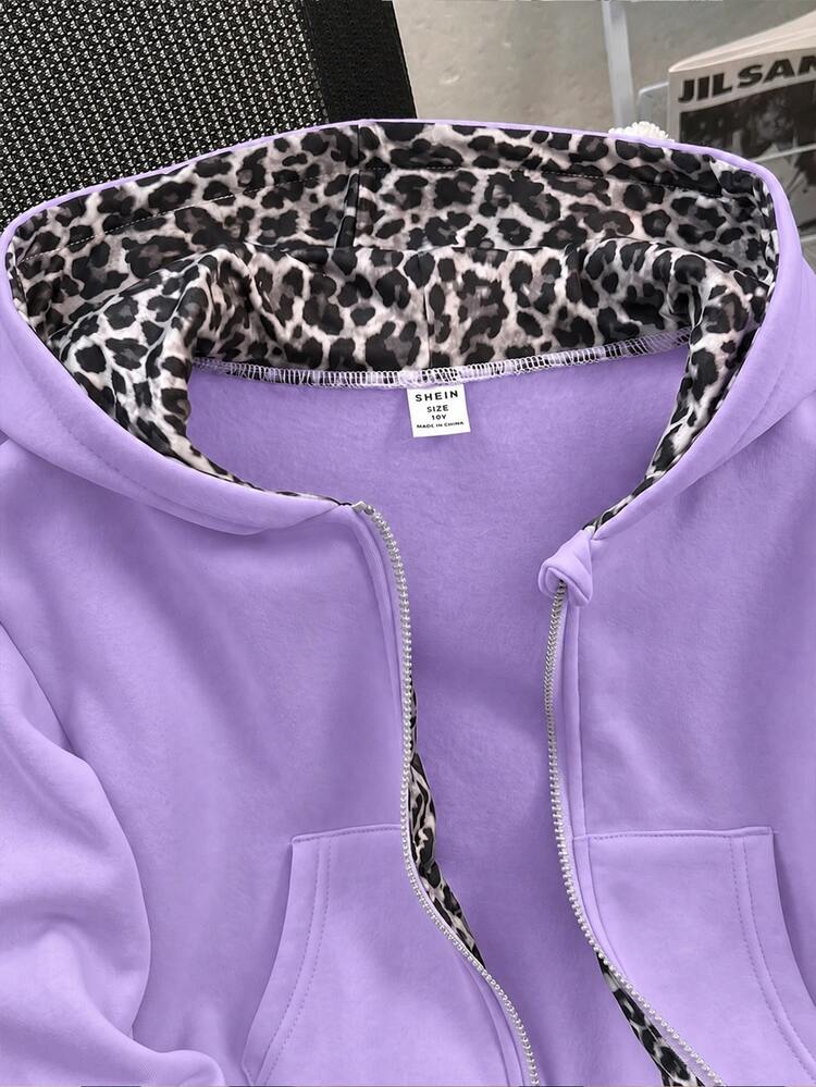 SHEIN Tween Girls Gray Long Sleeve Zip Up Jacket, Autumn/Winter Solid Color Fashion Bow Sweatshirt Jacket, Comfortable Thick Fleece Lining Sweatshirt - Purple - View 1