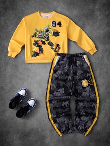 Transformers X SHEIN Tween Boy Cartoon Number Pattern Long Sleeve Crew Neck Sweatshirt And Pants Set - Yellow - View 3