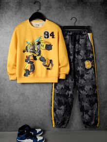 Transformers X SHEIN Tween Boy Cartoon Number Pattern Long Sleeve Crew Neck Sweatshirt And Pants Set - Yellow - View 1