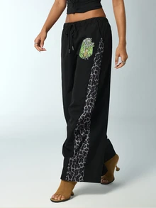 Rick and Morty X SHEIN Women's Cartoon Pattern Casual Versatile Daily Wear Long Pants - Black - View 1