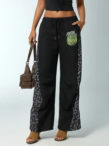 Rick and Morty X SHEIN Women's Cartoon Pattern Casual Versatile Daily Wear Long Pants - Black - View 5