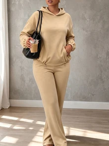 Elenzga Plus Size Women's Pocket Long Sleeve Hoodie And Pants Set Fall - Khaki - View 5