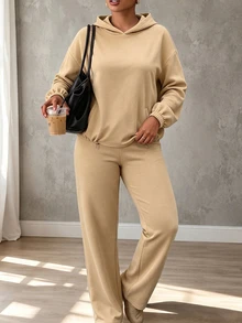 Elenzga Plus Size Women's Pocket Long Sleeve Hoodie And Pants Set Fall - Khaki - View 4