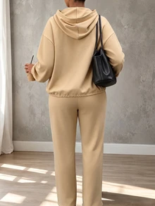 Elenzga Plus Size Women's Pocket Long Sleeve Hoodie And Pants Set Fall - Khaki - View 2