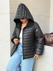 Easura Áo khoác chần bông có mũ tay dài kẻ sọc size lớn cho mùa thu/đông - màu đen - Xem 4