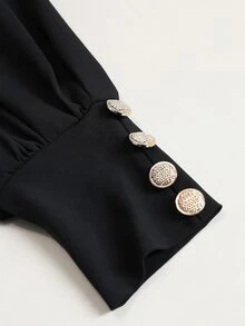 Elenzga Plus Size Women's Autumn/Winter Notch Collar Lantern Sleeve Button Decor Elegant Commute Daily Blouse Fall - Black - View 4