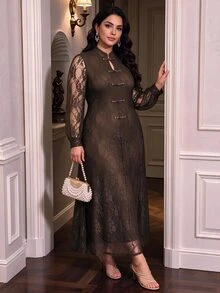 Cravure Plus Size Elegant Lace QipaoInspired Midi Dress, Frog Button Long Sleeve New Chinese Style ALine Dres Fall - Brown - View 4