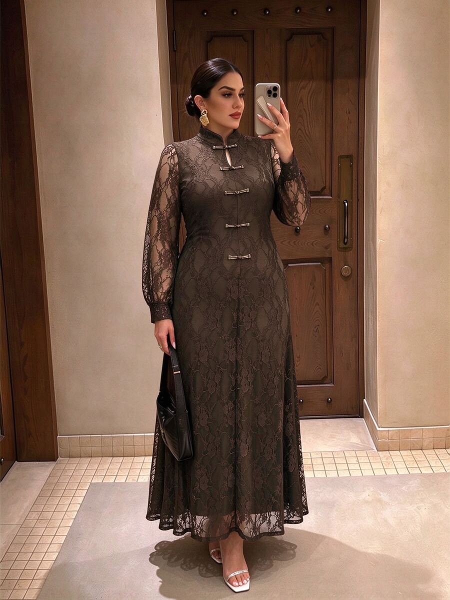 Cravure Plus Size Elegant Lace QipaoInspired Midi Dress, Frog Button Long Sleeve New Chinese Style ALine Dres Fall - Brown - View 1