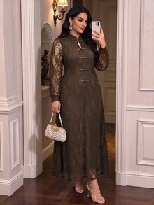 Cravure Plus Size Elegant Lace QipaoInspired Midi Dress, Frog Button Long Sleeve New Chinese Style ALine Dres Fall - Brown - View 5