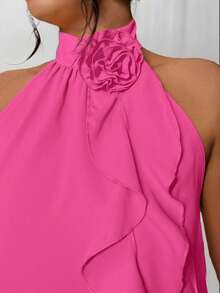 DreamSkyne Plus Size Summer Elegant 3D Floral Ruffle Neck Blouse For New Year - Hot Pink - View 9