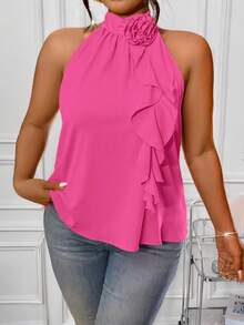 DreamSkyne Plus Size Summer Elegant 3D Floral Ruffle Neck Blouse For New Year - Hot Pink - View 8