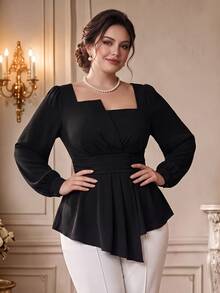 Rometta Plus Size Asymmetric Shoulder Raglan Sleeve Tie Waist Lantern Hem Casual Blouse Shirt Fall Cloth For Women - Black - View 3