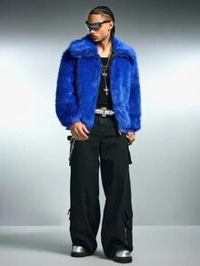 ROMWE MEN Áo khoác lông gân khóa kéo cổ lớn phong cách streetwear màu xanh - Màu xanh lam - Xem 3