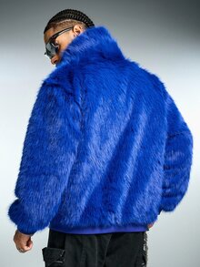 ROMWE MEN Áo khoác lông gân khóa kéo cổ lớn phong cách streetwear màu xanh - Màu xanh lam - Xem 7