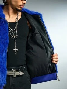 ROMWE MEN Áo khoác lông gân khóa kéo cổ lớn phong cách streetwear màu xanh - Màu xanh lam - Xem 10