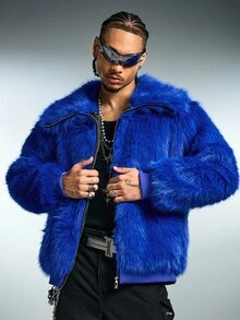 ROMWE MEN Áo khoác lông gân khóa kéo cổ lớn phong cách streetwear màu xanh - Màu xanh lam - Xem 4