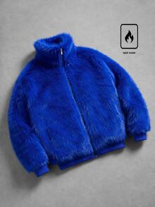 ROMWE MEN Áo khoác lông gân khóa kéo cổ lớn phong cách streetwear màu xanh - Màu xanh lam - Xem 1