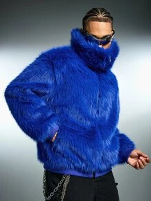 ROMWE MEN Áo khoác lông gân khóa kéo cổ lớn phong cách streetwear màu xanh - Màu xanh lam - Xem 8