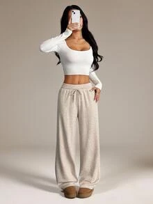 SHEIN PETITE 女款素色米色冬季抽繩休閒長褲，極簡寬腿居家運動褲，時尚日常穿著，適合返校與畢業季，小個女款 - 杏色 - 查看 3