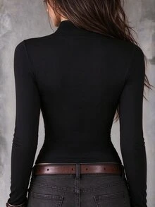 LUMIGAL Women's Solid Color Casual Daily Long Sleeve T-Shirt - Black - View 2