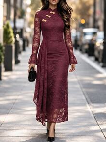SHEIN LUNE Women's Lace Patchwork Ruched Elegant Waist-Cinching Party Dress - Burgundy - View 2
