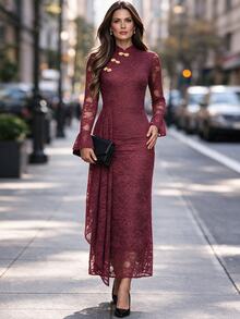 SHEIN LUNE Women's Lace Patchwork Ruched Elegant Waist-Cinching Party Dress - Burgundy - View 5