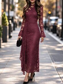 SHEIN LUNE Women's Lace Patchwork Ruched Elegant Waist-Cinching Party Dress - Burgundy - View 4