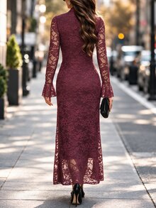 SHEIN LUNE Women's Lace Patchwork Ruched Elegant Waist-Cinching Party Dress - Burgundy - View 3