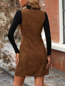 SHEIN Clasi Zip Up Corduroy Overall Dress Without Sweater - Brown - View 2