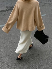 TaskSense 女款純色落肩長袖單排扣針織開襟衫 - 卡其色 - 查看 2