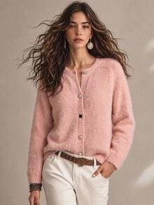 SHEIN 寬鬆版型百搭毛絨單排扣針織開襟衫，適合約會、早午餐、日常白天穿著，柔粉色，秋季浪漫優雅風 - 粉色 - 查看 6