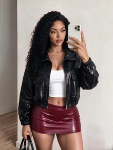 BamGleam 女款歐美風甜酷辣妹口袋寬鬆立領工裝夾克,休閒慵懶版型 - 黑色 - 查看 4