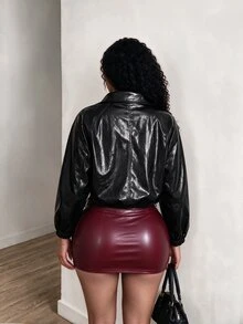 BamGleam 女款歐美風甜酷辣妹口袋寬鬆立領工裝夾克,休閒慵懶版型 - 黑色 - 查看 3
